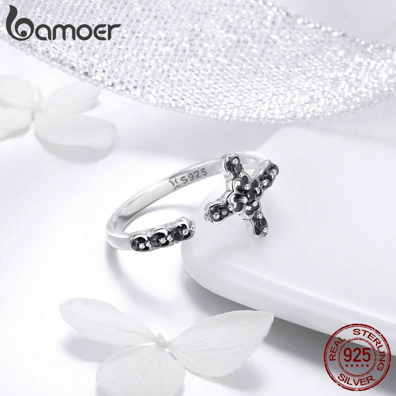 925 Sterling Silver Black CZ Adjustable Cross Ring for Women