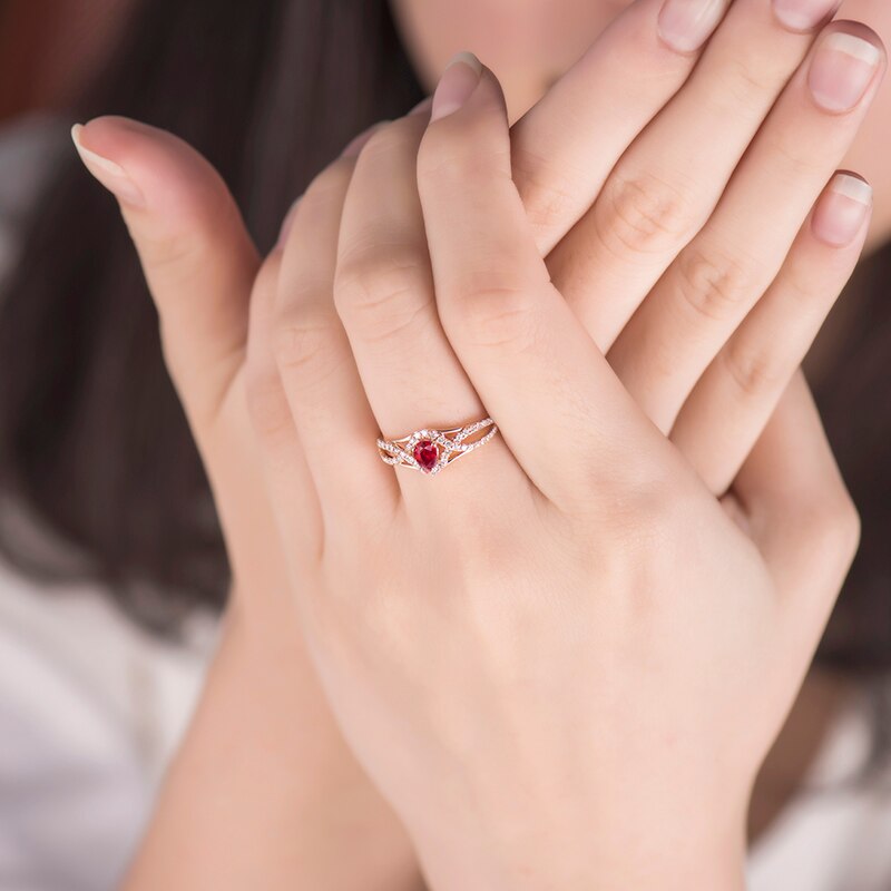 14K Rose Gold Red Ruby and Diamond Ring for Women