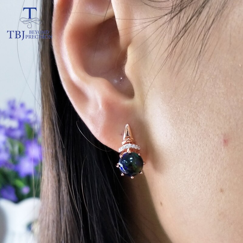 TBJ 925 Sterling Silver Natural Black Opal Clasp Earrings in Rose Gold Color