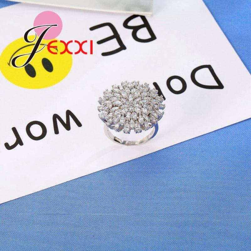 Exaggerated 925 Sterling Silver Party Rings For Women Fashion Bands Style Flower Engagement Wedding Finger Rings For Lady