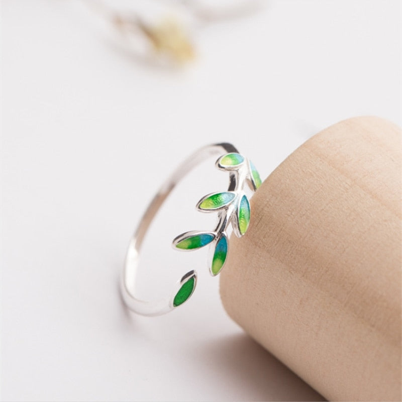 925 Sterling Silver Creative Handmade Green Leaf Resizable Open Ring