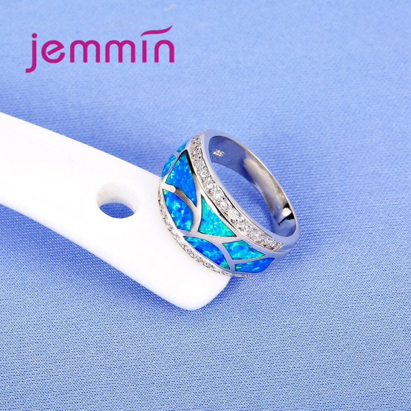 New Fashion Blue Fire Opal Ring With Clear CZ Pave Geometric Design Wedding Rings For Women Jewelry