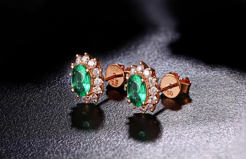 18k Rose Gold Natural Emerald Diamond Earrings Studs for Women