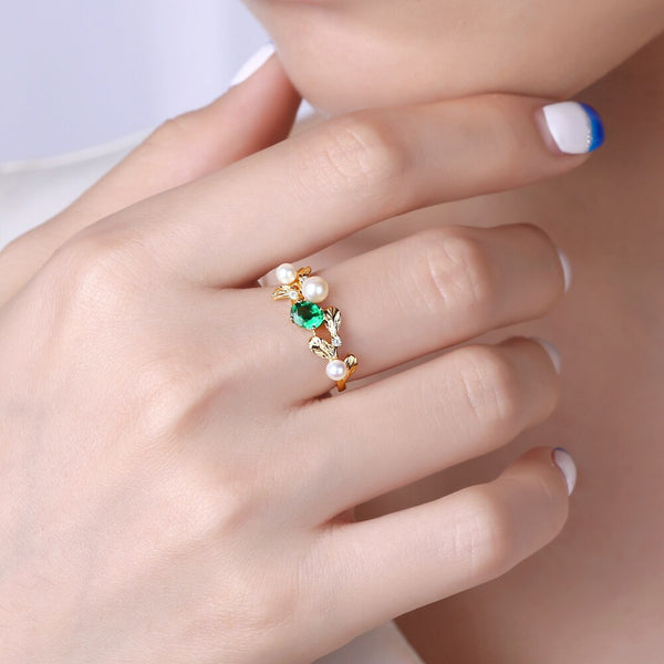 14k Gold Emerald and Diamond Engagement Ring for Women