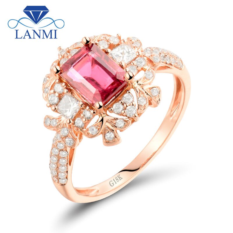 Rose Gold Tourmaline Flower Diamond Ring - Exquisite Emerald Cut & 5X7mm Natural Gemstone FOR HER