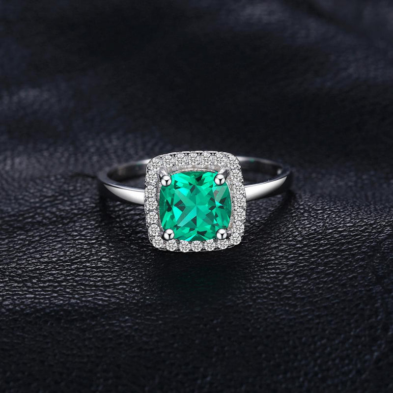 925 Silver Simulated Nano Emerald Halo Engagement Ring for Women