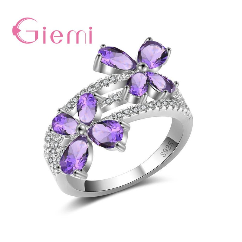 925 Sterling Silver 4 Colour Crystals Flower Wide Verge Ring