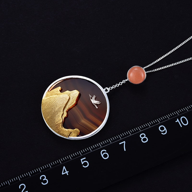 925 Sterling Silver Natural Gemstones Fun Creative Returning Bird in the Sunset Pendant for Her