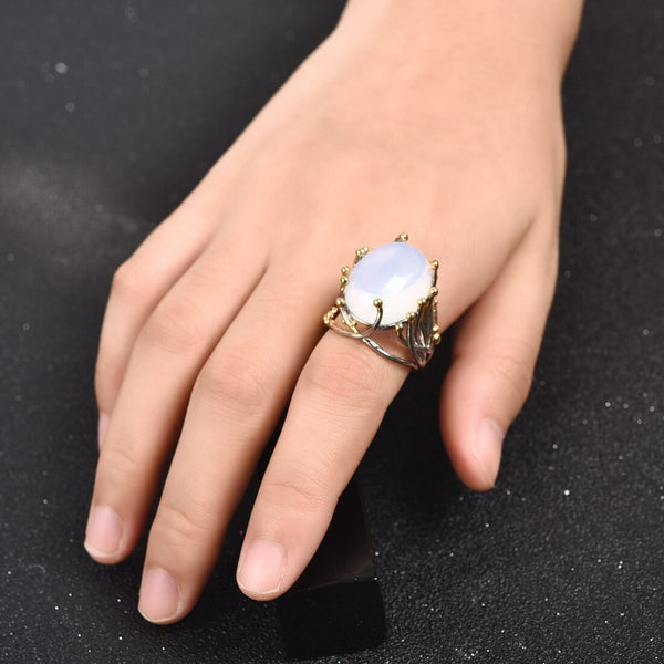 2018 Vintage Silver Color Natural Moonstone Ring White Opal Vine Rings For Women Wedding Jewelry