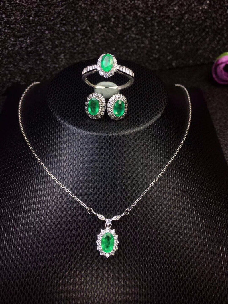 Sterling Silver Columbian Emerald Ring Earrings & Necklace Jewelry Set for Women