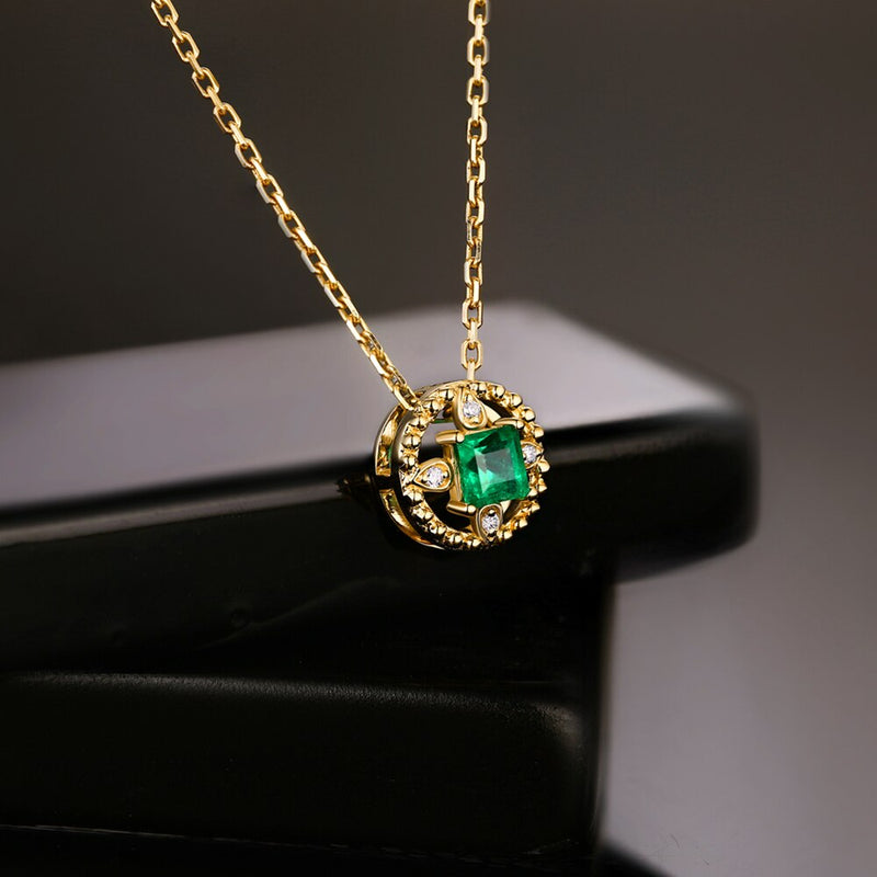 14k Yellow Gold Emerald and Diamond Vintage Pendant for Her