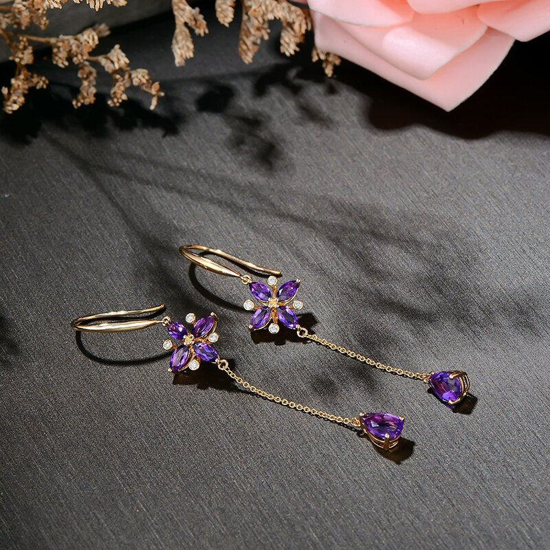 14K Yellow Gold Purple Amethyst Dangle Earrings for Women