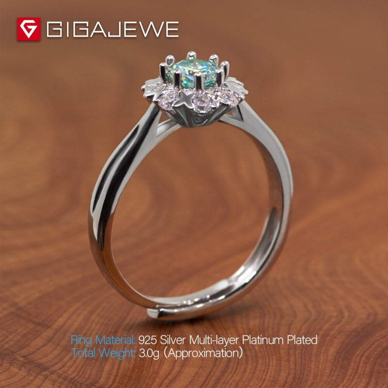 GIGAJEWE 925 Silver Gold Multi-layer Plated 0.4ct 5mm Round Cut Green Moissanite Ring