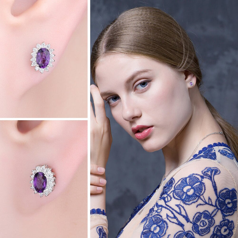 925 Sterling Silver Amethyst Halo Stud Earrings for Woman