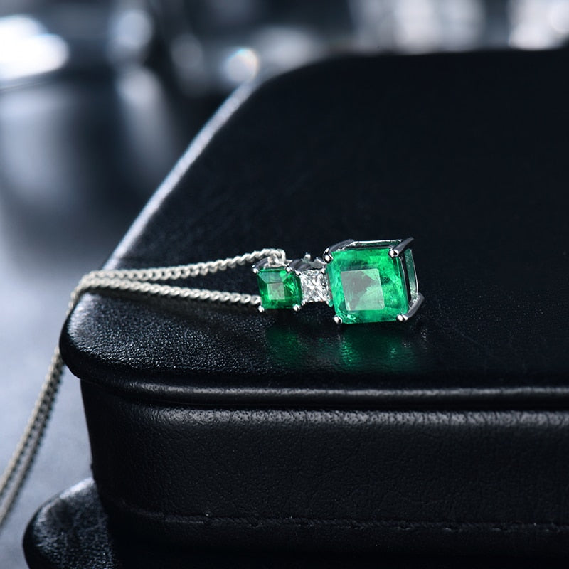 18K White Gold Princess Cut Emerald Natural Diamond Pendant for Her