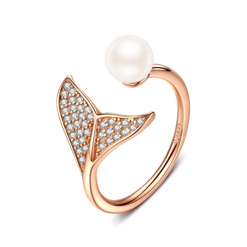 Sterling Silver Mermaid Fish Tail Shell Pearl Finger Ring for Women