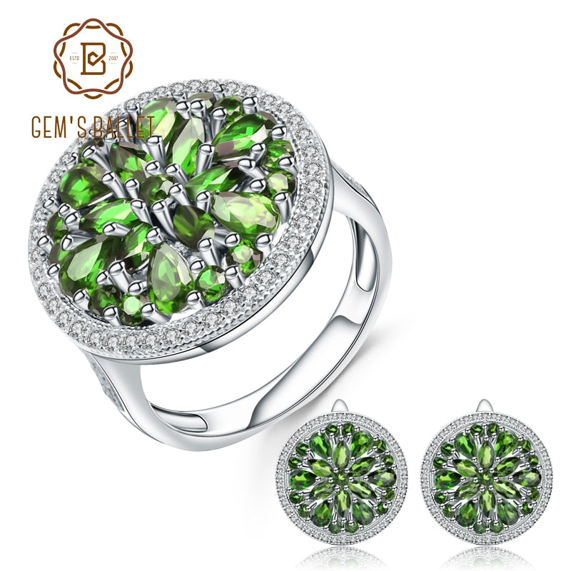 GEMS BALLET Natural 10.52Ct Chrome Diopside Earrings & Ring Jewelry Set 925 Sterling Silver