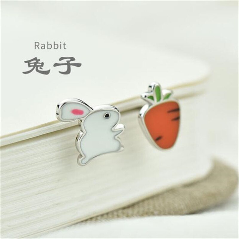 New Fashion Creative Asymmetric Cute Rabbit And Radish 925 Sterling Silver Jewelry Personality Epoxy Wild Stud Earrings SE540