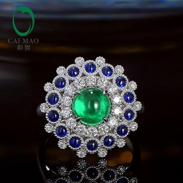 18k White Gold 1.85ct Emerald Halo Diamond Sapphire Engagement Ring for Women