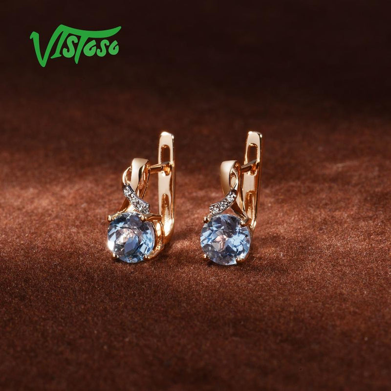 VISTOSO 14K 585 Rose Gold Sparkling Luxury Diamond Blue Topaz Earrings