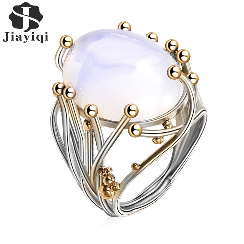 2018 Vintage Silver Color Natural Moonstone Ring White Opal Vine Rings For Women Wedding Jewelry