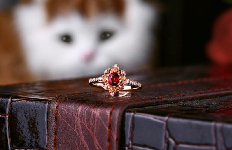 14K Rose Gold Ruby and Diamond Milgrain Engagement Ring for Her