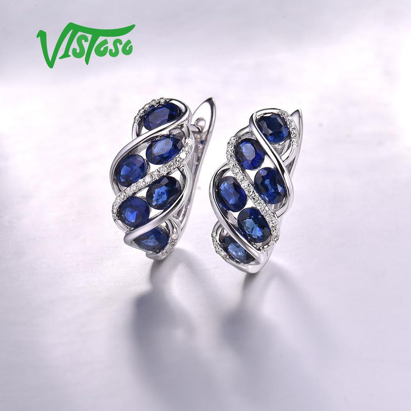 VISTOSO Pure 14K 585 White Gold Luxury Blue Sapphire Shiny Diamond Earrings