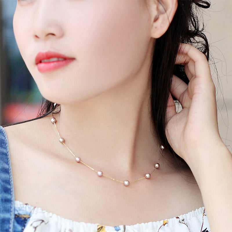 18k Gold 5.5-6mm Natural Cultured Purple Pearl Chain Necklace