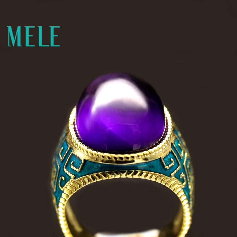 925 Sterling Silver Ring with Natural Big Oval 13X18mm Amethyst in Violet Color