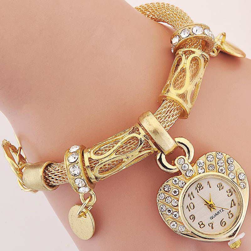 Gold-Tone Heart Shape Watch with Alloy Bracelet for Women