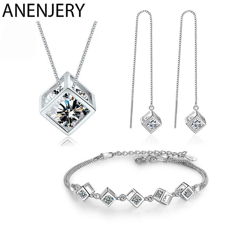 ANENJERY925 Sterling Silver Square Cube Zircon Necklace Earrings & Bracelet Jewelry Set