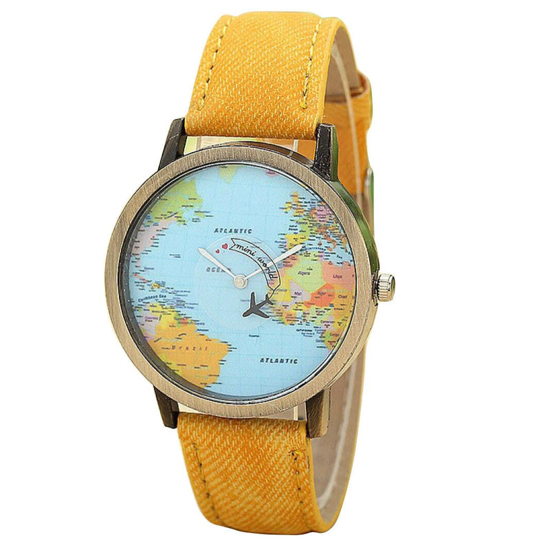 New Global Travel By Plane Map Women Dress Watch Denim Fabric Band Fashionable and simple casual womens leather wristwatches Fi
