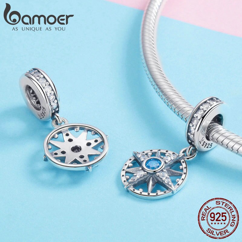 925 Sterling Silver Sparkling Compass Star Pendant Charm for Bracelets & Necklaces for Unisex