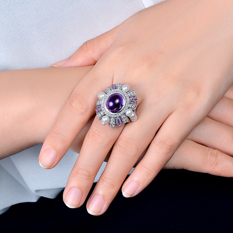 14K White Gold Engagement Ring with Amethyst and Diamonds for Women