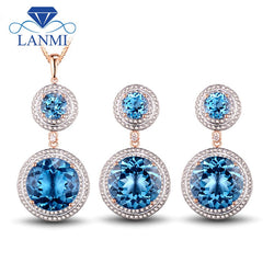 Exquisite Blue Topaz Gemstone Jewelry Set: Rose Gold Earrings and Pendant for Weddings and Parties