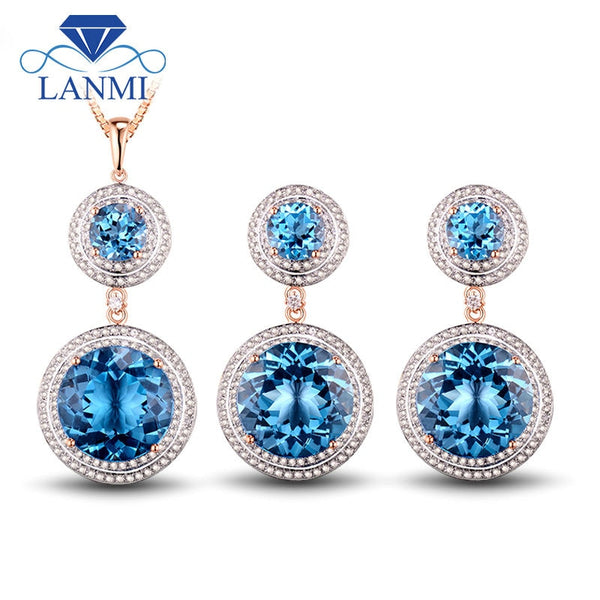 Rose Gold Blue Topaz Jewelry Set Earrings and Pendant for Women