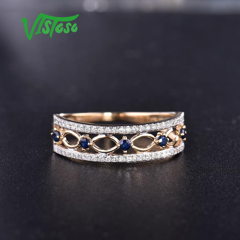 VISTOSO 14K Yellow Gold Genuine Sparkling Diamond Fancy Blue Sapphire Ring