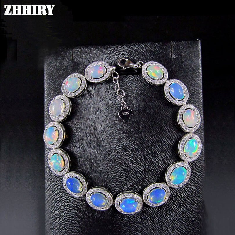 ZHHIRY Genuine Solid 925 Sterling Silver White Fire Color Natural Opal Gemstone Bracelet