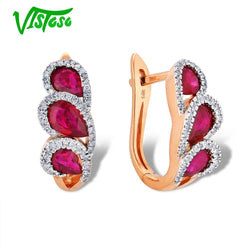 VISTOSO Genuine 14K 585 Rose Gold Fancy Ruby Sparkling Diamond Elegant Earrings