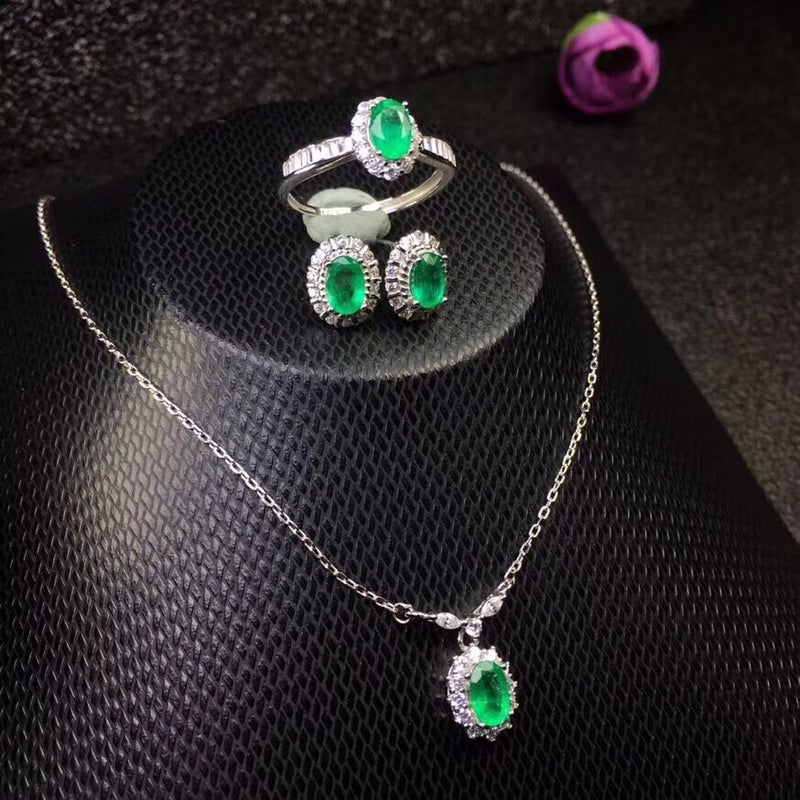 Sterling Silver Columbian Emerald Ring Earrings & Necklace Jewelry Set for Women