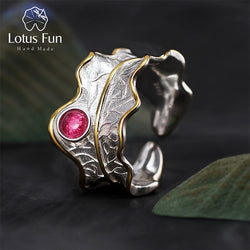 Lotus Fun Real 925 Sterling Silver Natural Tourmaline Gemstones Adjustable Peony Leaf Ring