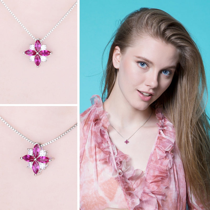 Sterling Silver Flowers Created Ruby Pendant Necklace for Woman