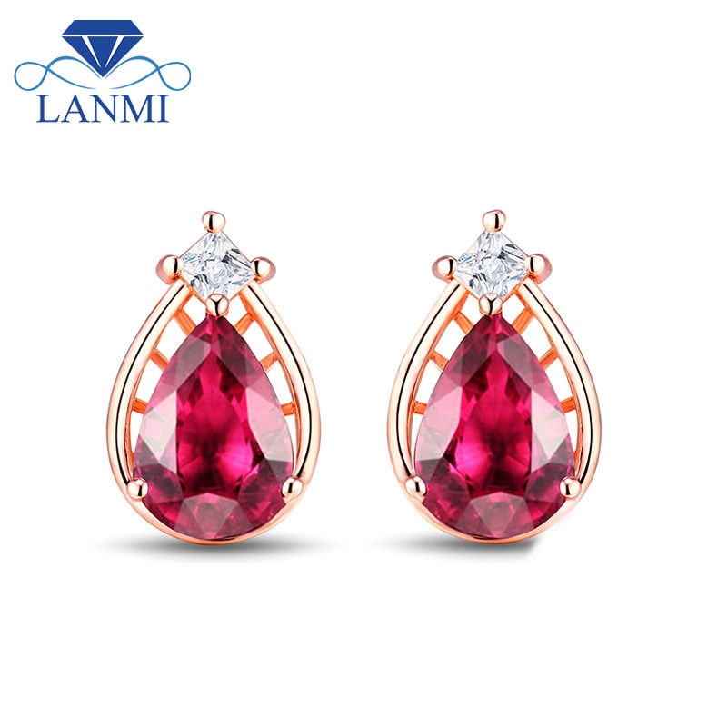 14k Rose Gold Pear Pink Tourmaline Diamond Stud Earrings for Women