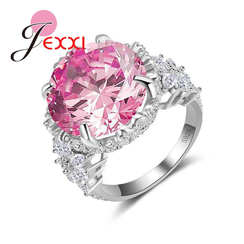 Luxury Big Round Pink Cubic Zirconia Wedding Fine Rings 925 Sterling Silver Women Banquet Party Queen Jewelry Ring