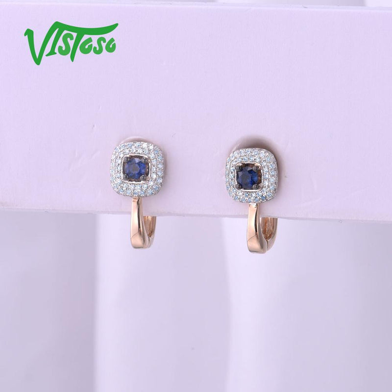 VISTOSO 14K 585 Rose Gold Sparkling Blue Sapphire Luxury Diamond Earrings