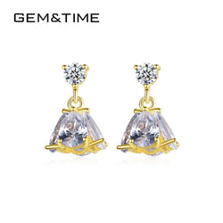 Gem&Time New Solid 14K Au585 Yellow Gold Big CZ Brincos Bijoux Femme Drop Earrings