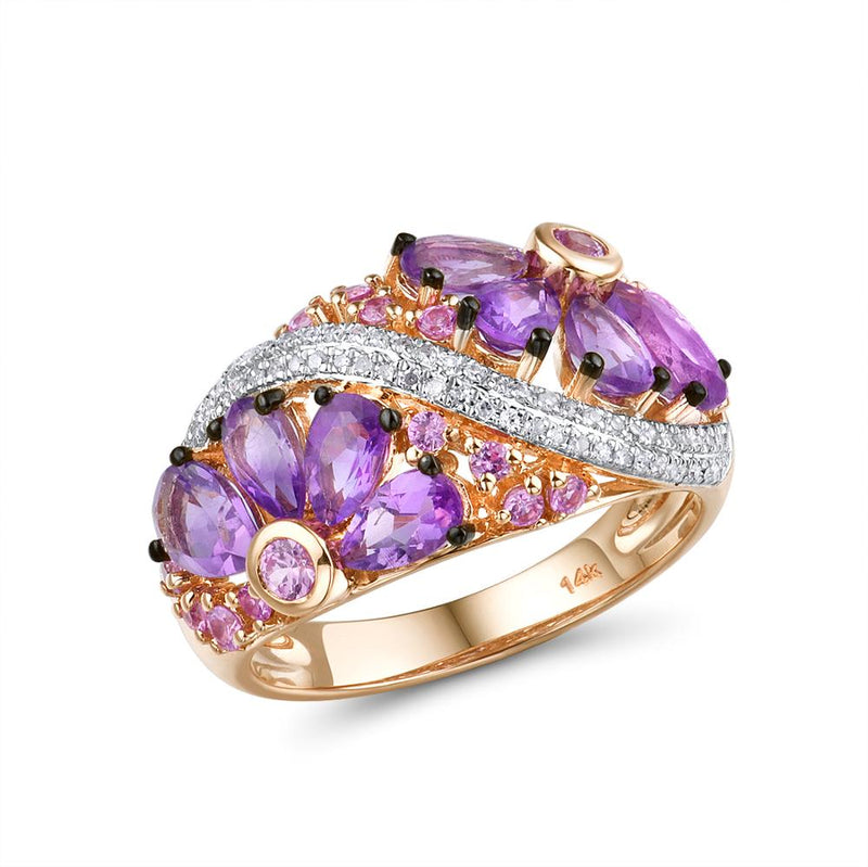 14K Rose Gold Diamond Fancy Pink Sapphire Amethyst Ring for Women