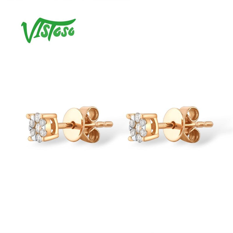 VISTOSO 14K 585 Rose Gold Sparkling Diamond Dainty Round Circle Stud Earrings