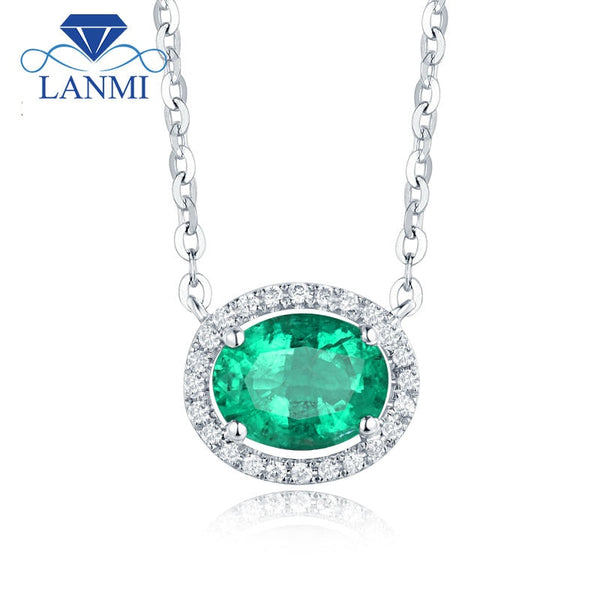 18K White Gold Emerald Diamond Oval Pendant for Women