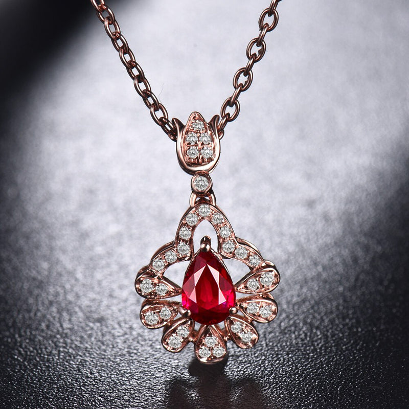 18K Rose Gold Ruby Pendant with Diamond for Women